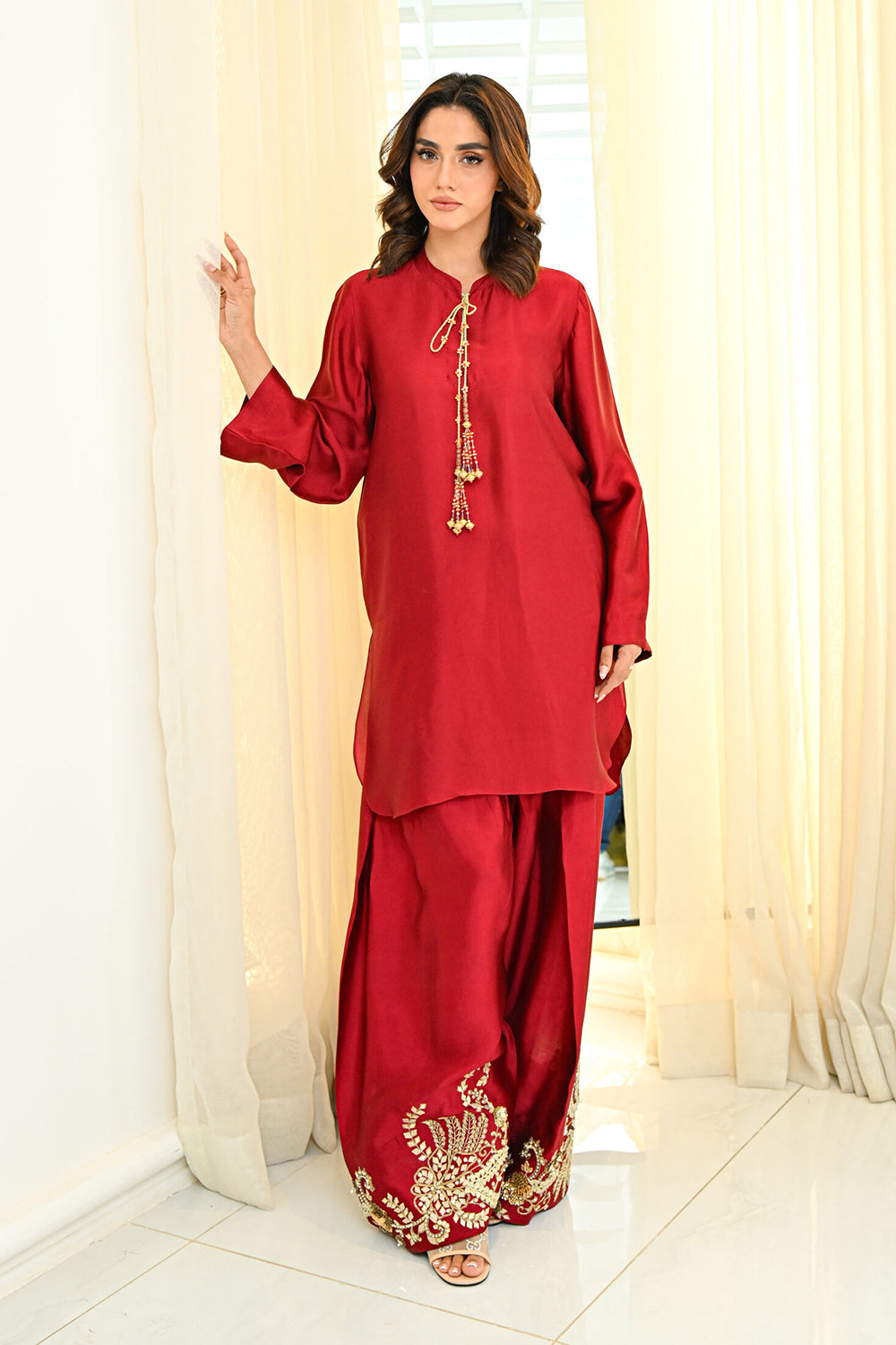 Red Silk Embroidered Farshi Kurta Set
