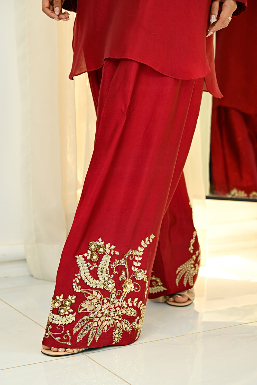 Red Silk Embroidered Farshi Kurta Set