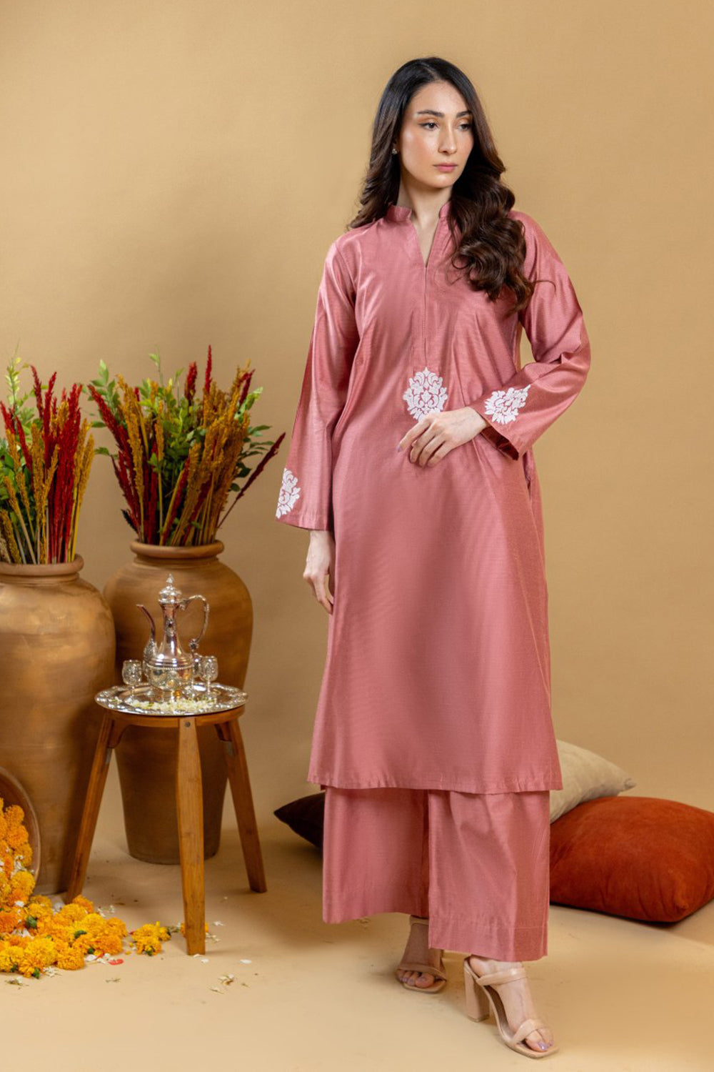 Rose Sand Embroidered Kurta Palazzo Set