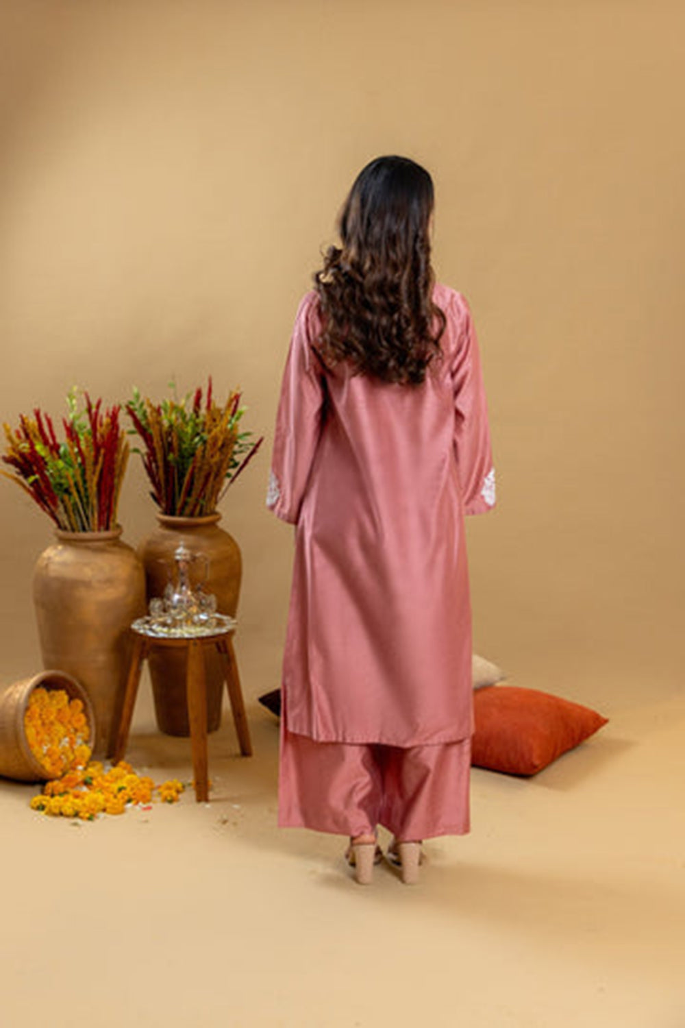 Rose Sand Embroidered Kurta Palazzo Set