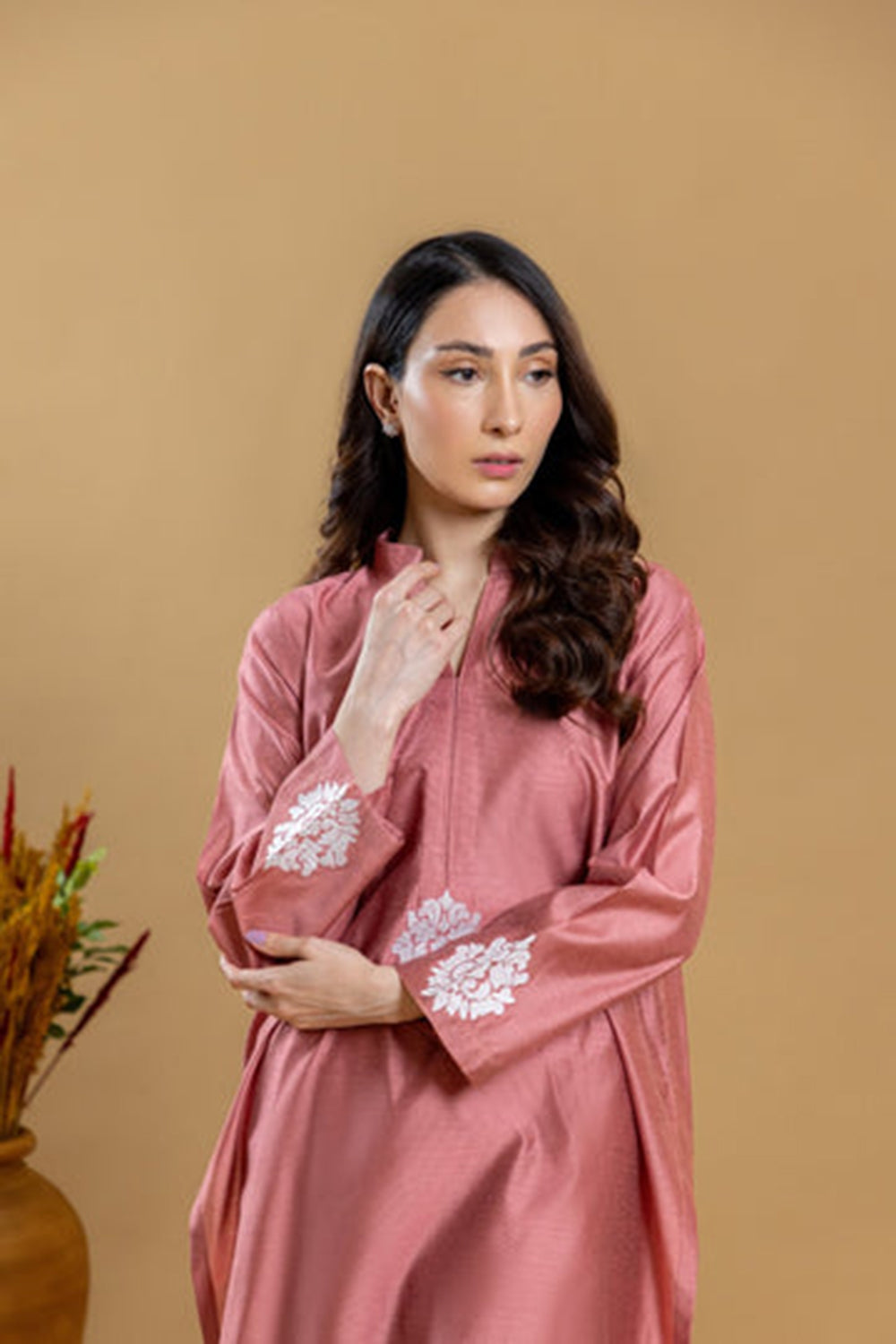 Rose Sand Embroidered Kurta Palazzo Set