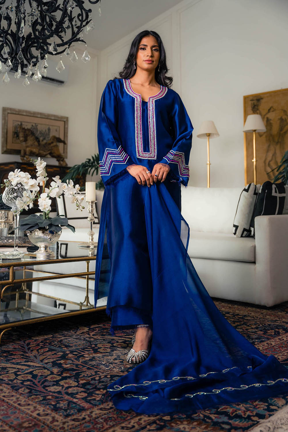 Royal Blue Embellished Kurta Set with Sheer Dupatta