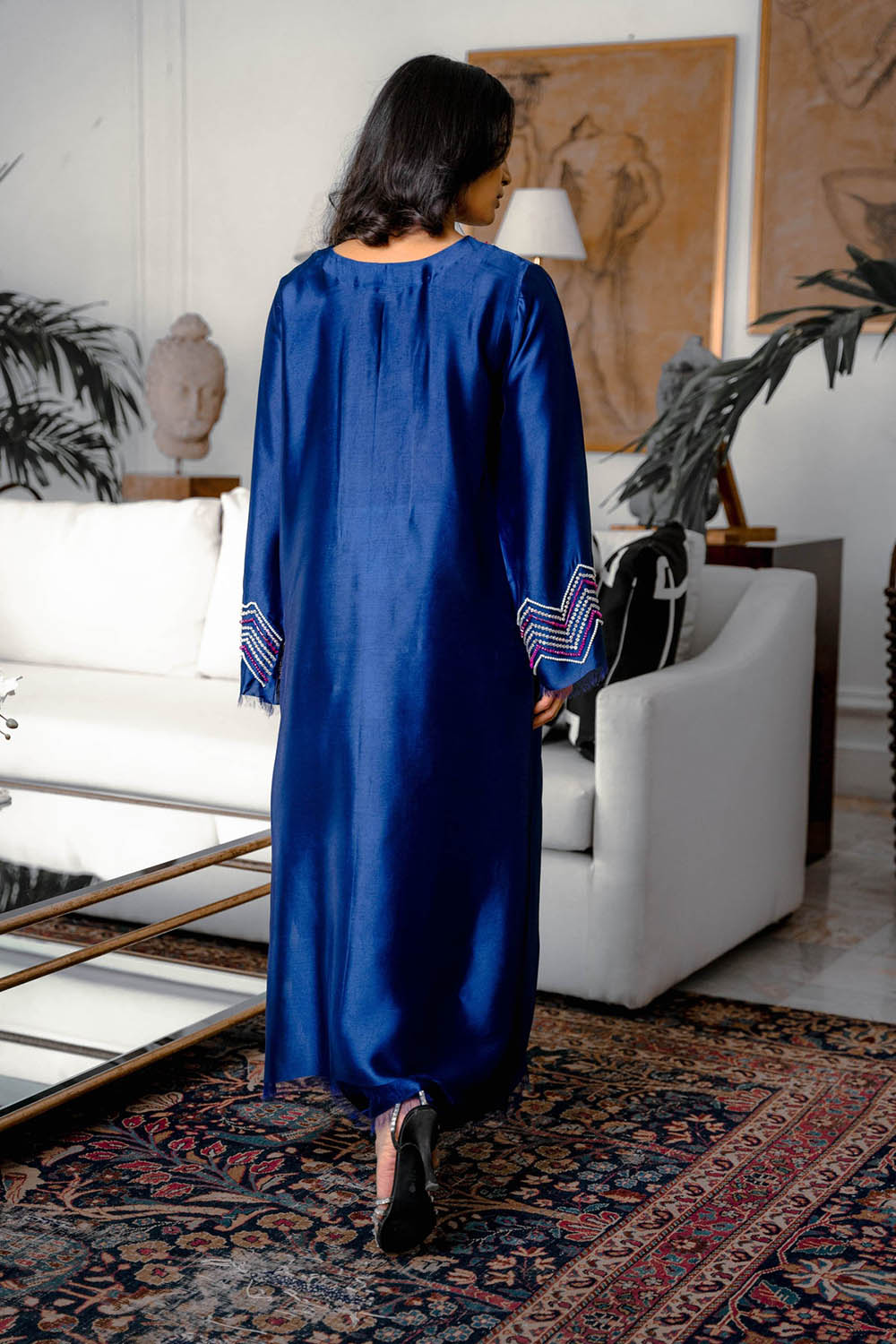 Royal Blue Embellished Kurta Set with Sheer Dupatta