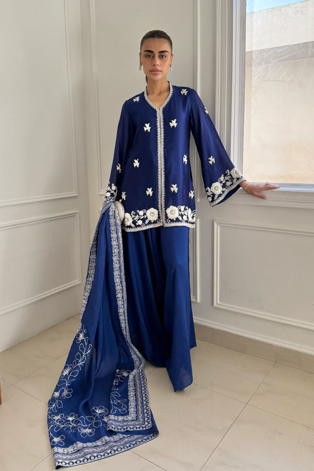 Royal Blue Embroidered Silk Suit Set with Dupatta