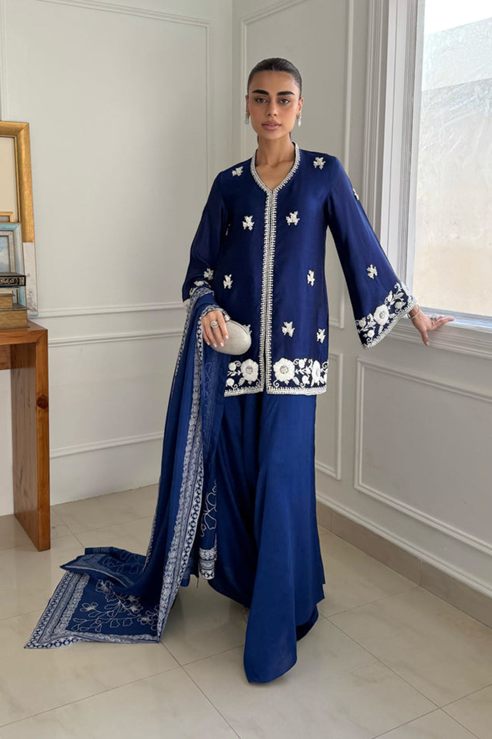 Royal Blue Embroidered Silk Suit Set with Dupatta