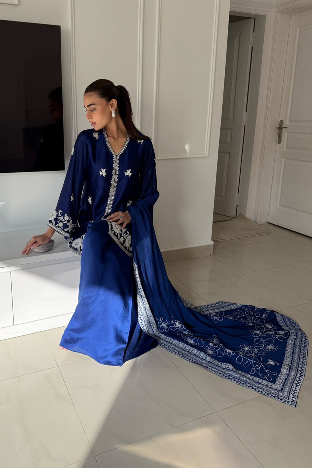 Royal Blue Embroidered Silk Suit Set with Dupatta