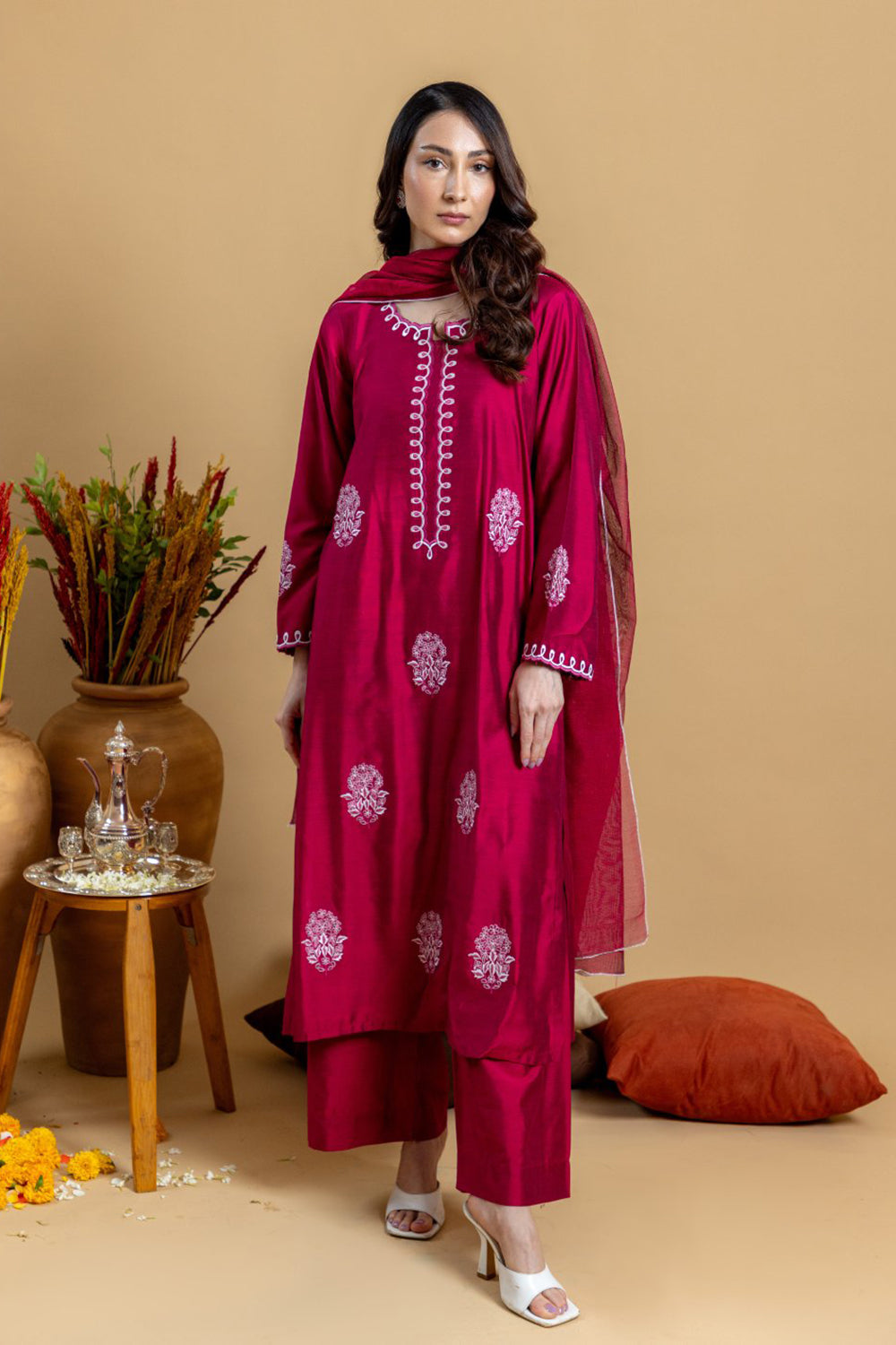Ruby Red Embroidered Kurta Set with Dupatta