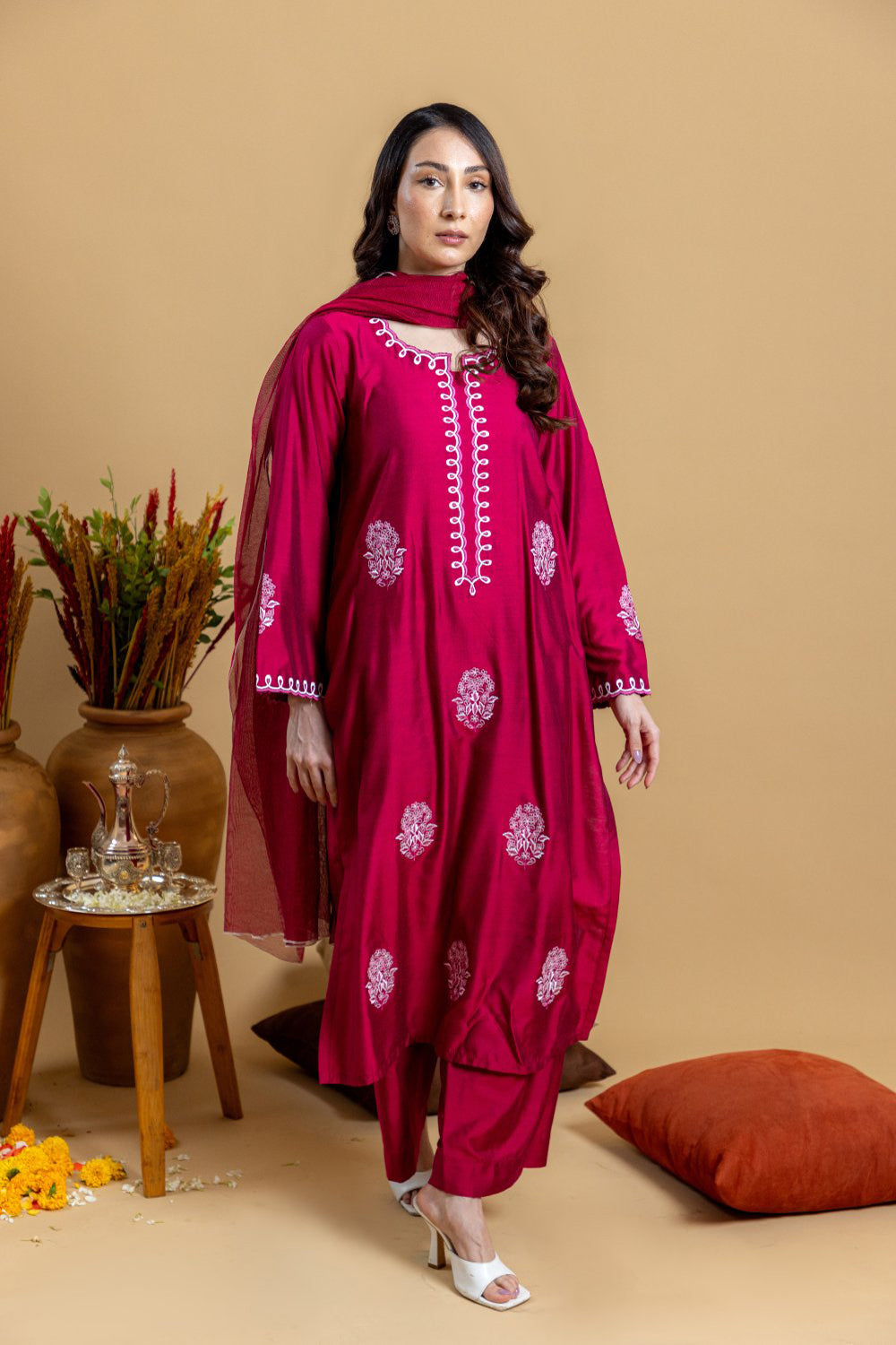 Ruby Red Embroidered Kurta Set with Dupatta