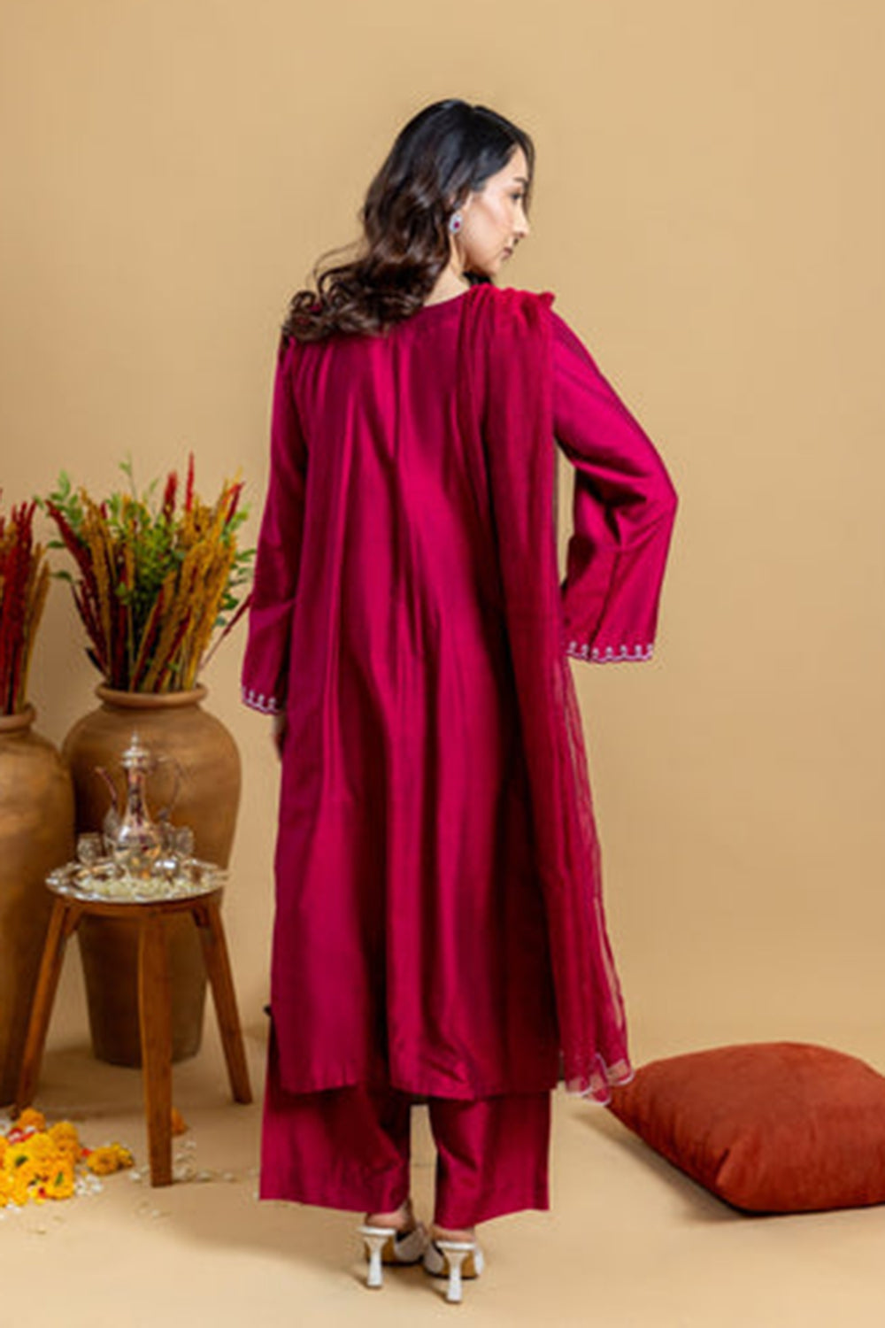 Ruby Red Embroidered Kurta Set with Dupatta