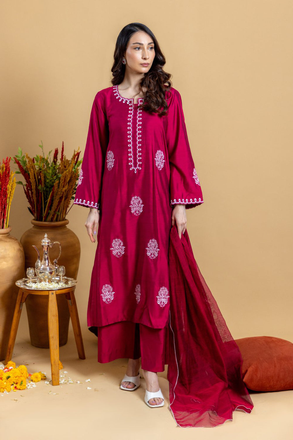 Ruby Red Embroidered Kurta Set with Dupatta