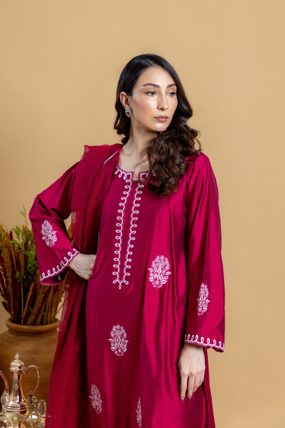 Ruby Red Embroidered Kurta Set with Dupatta