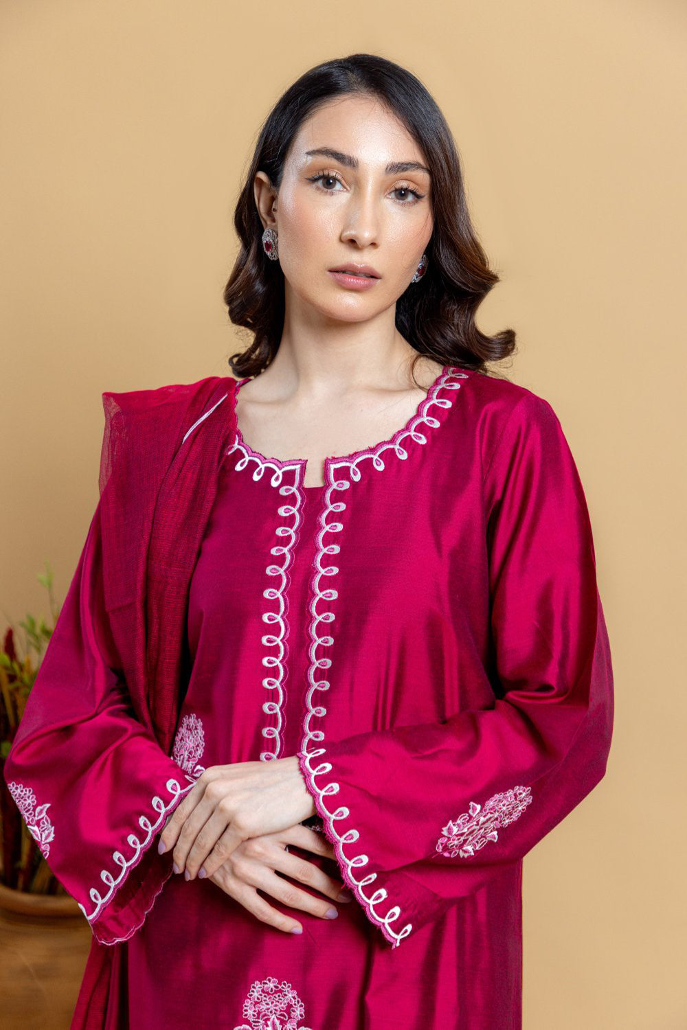 Ruby Red Embroidered Kurta Set with Dupatta