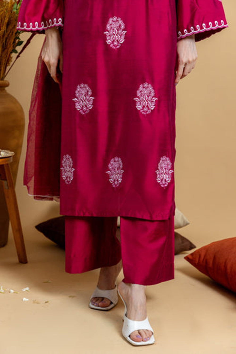 Ruby Red Embroidered Kurta Set with Dupatta