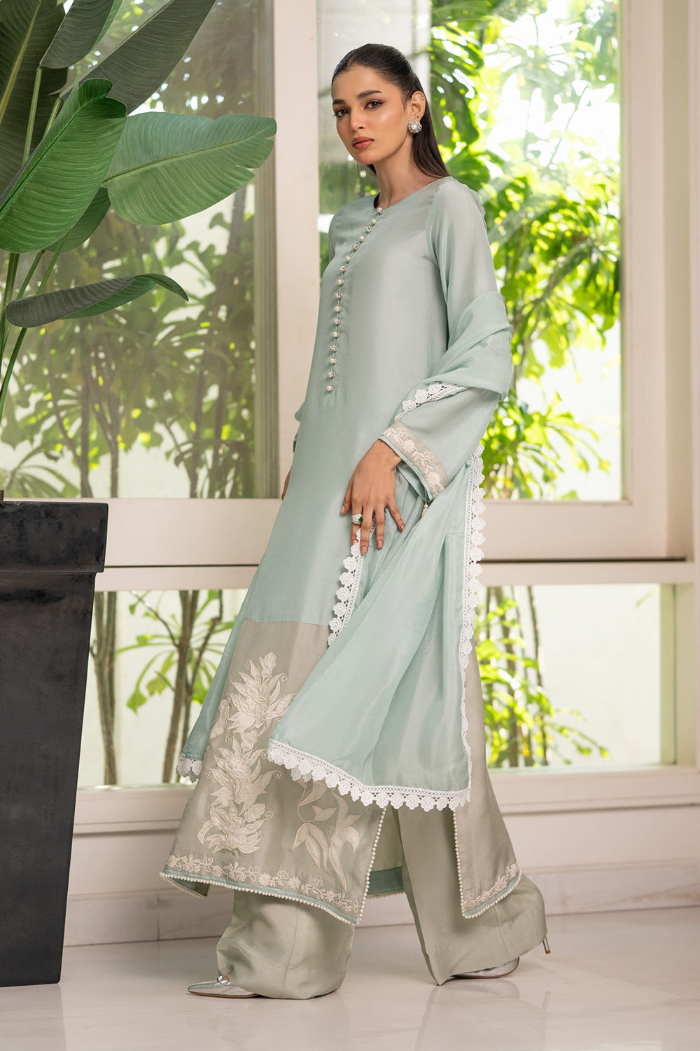 Sage Green Embroidered Suit Set with Dupatta