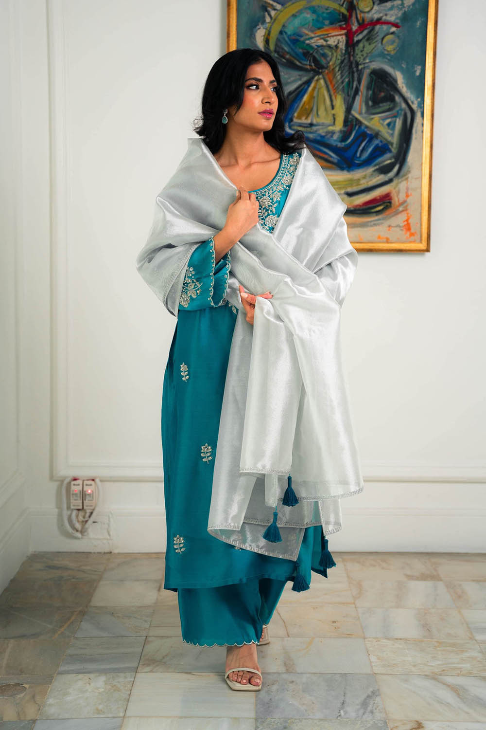 Teal Blue Kurta Set with Intricate Silver Work