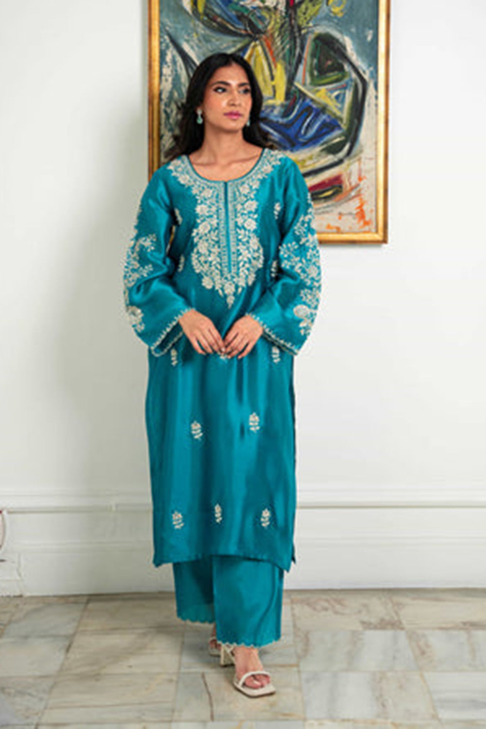 Teal Blue Kurta Set with Intricate Silver Work