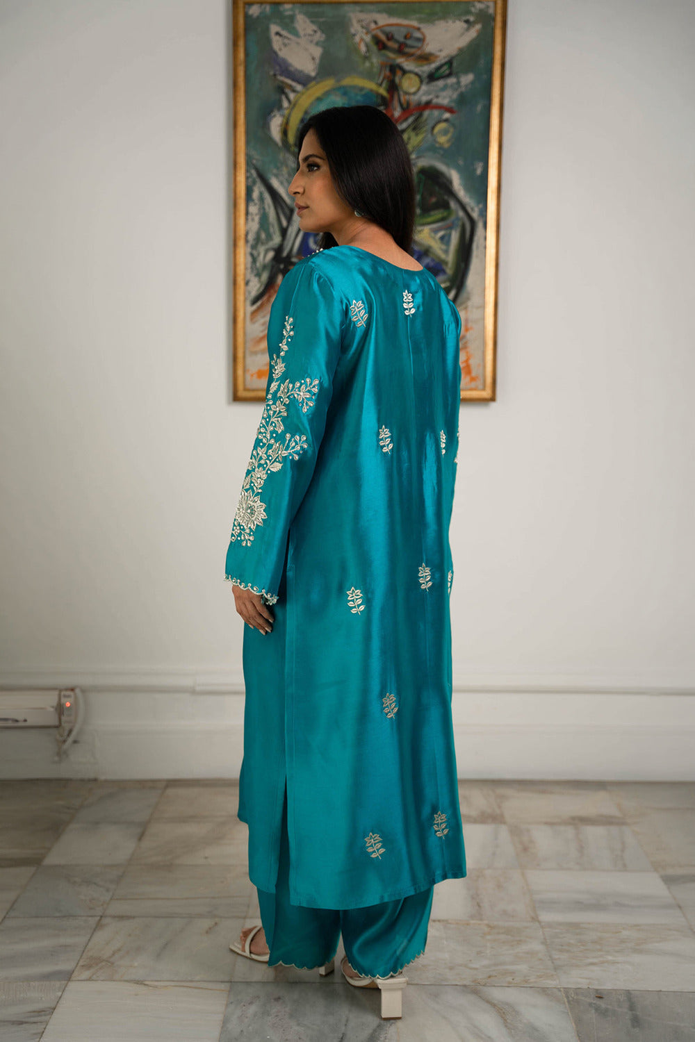 Teal Blue Kurta Set with Intricate Silver Work