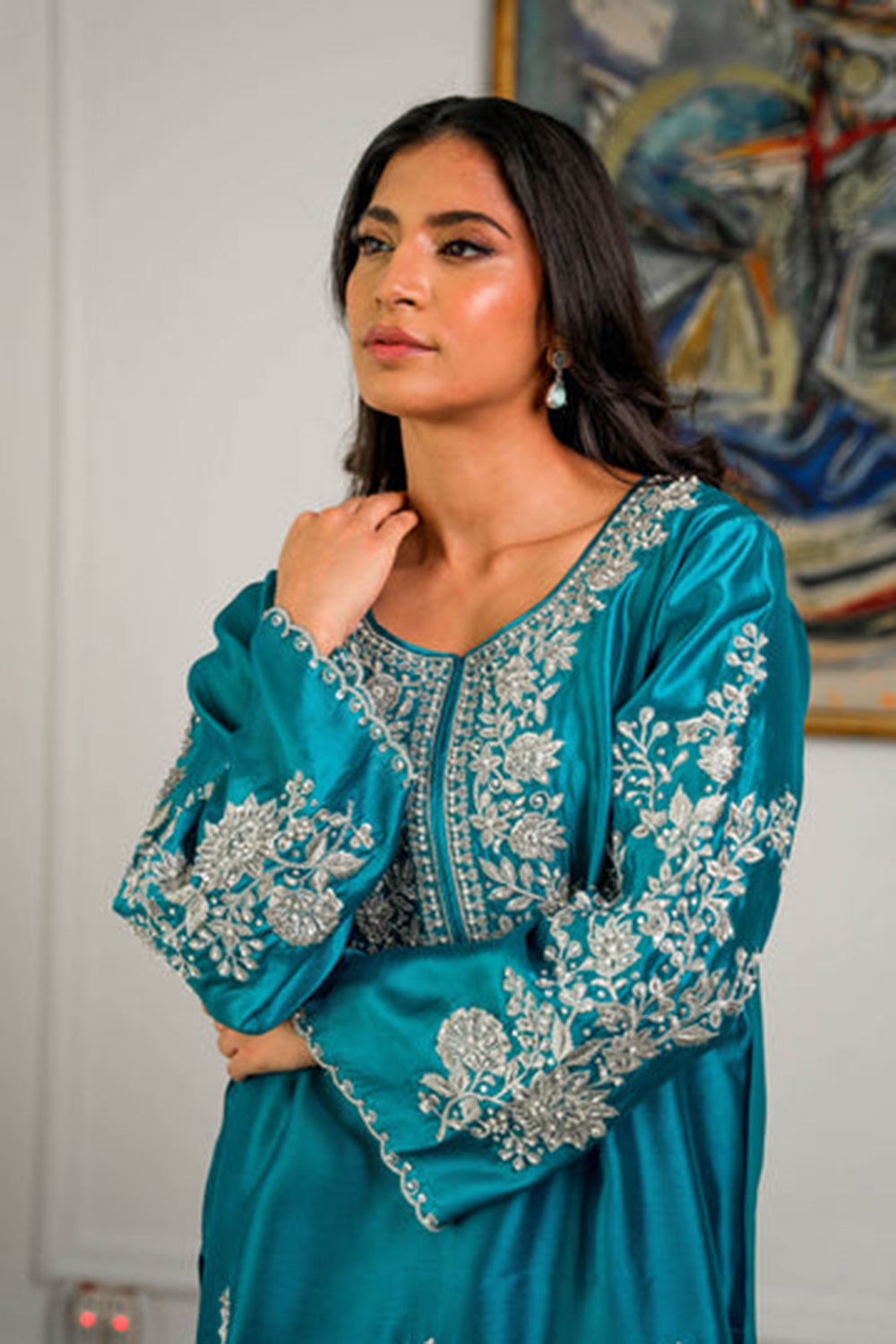 Teal Blue Kurta Set with Intricate Silver Work