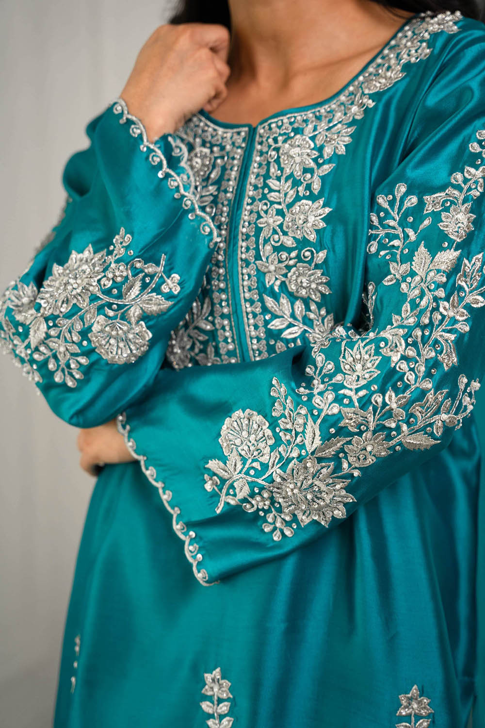 Teal Blue Kurta Set with Intricate Silver Work