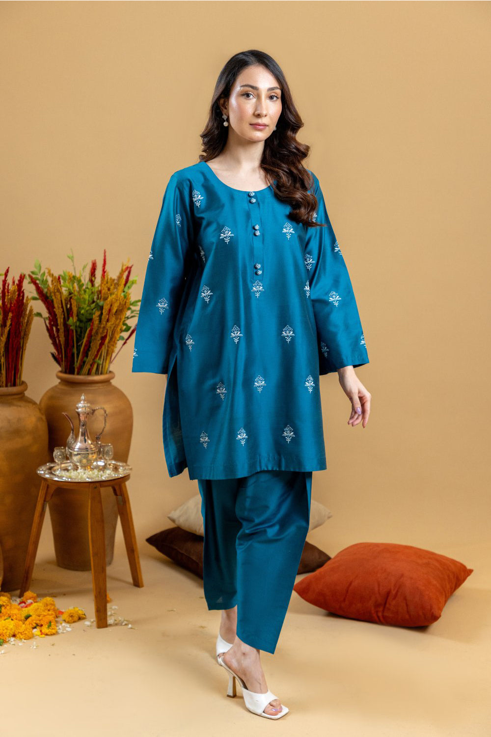 Teal Buta Embroidered Kurta Set
