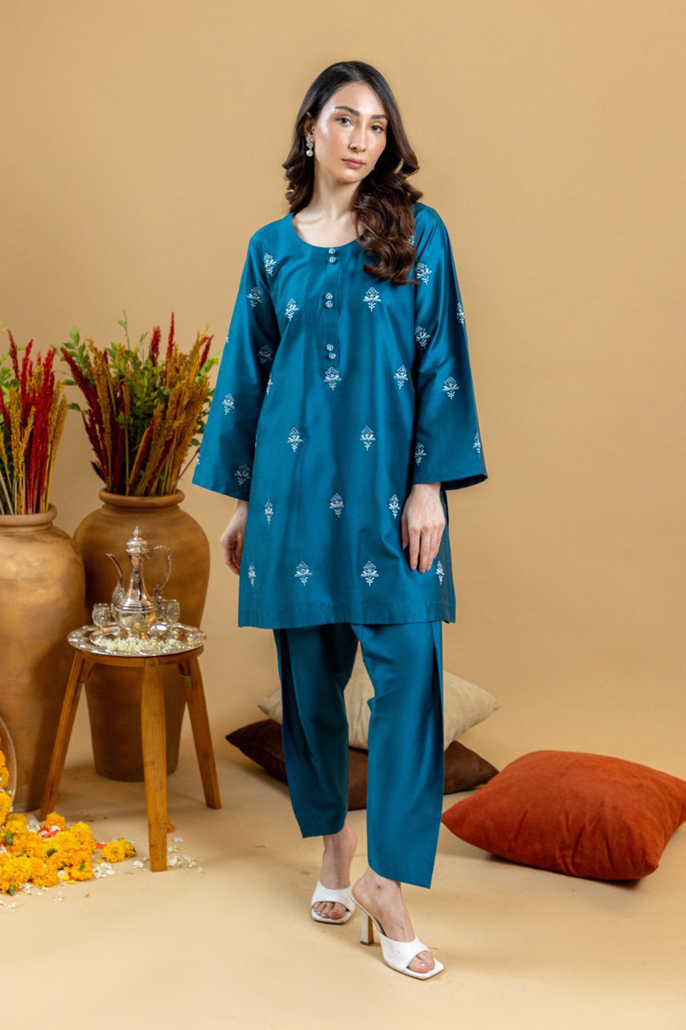 Teal Buta Embroidered Kurta Set