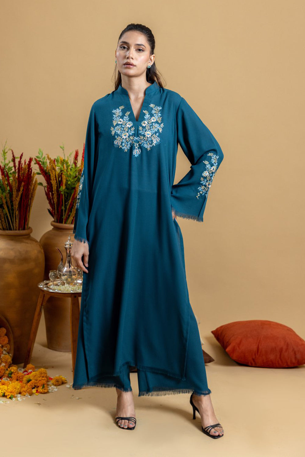 Teal Embroidered Kurta Set