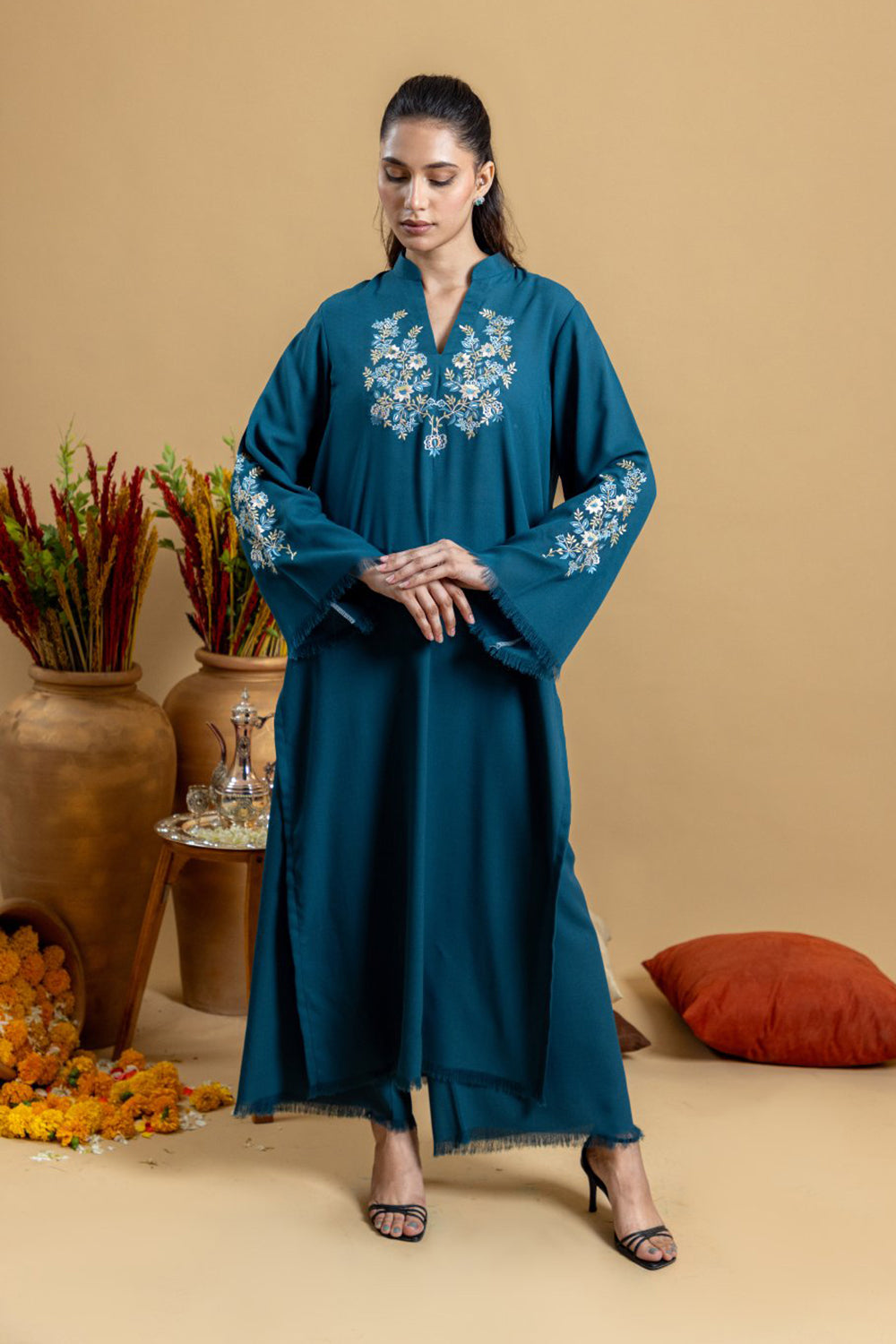 Teal Embroidered Kurta Set