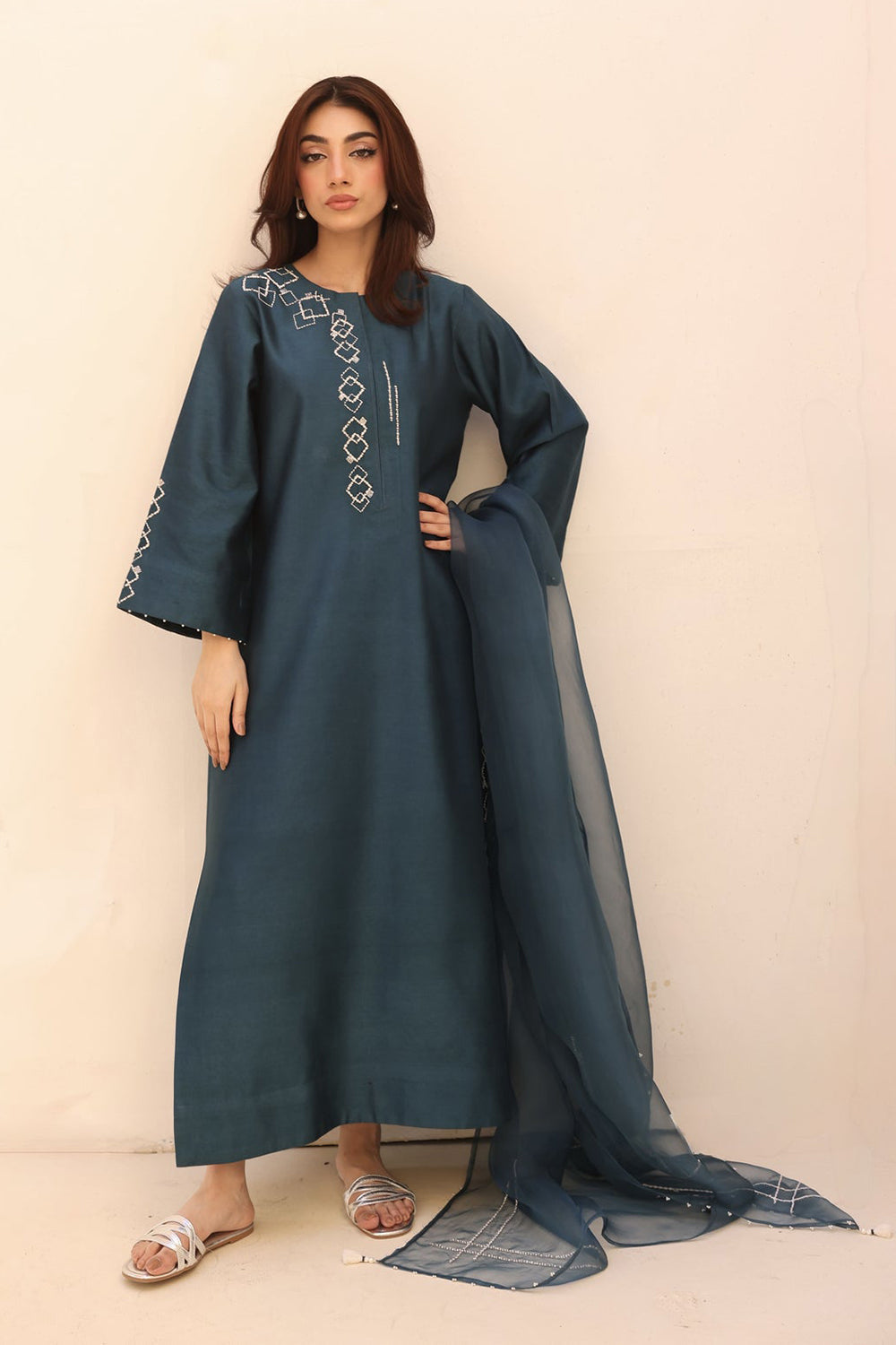 Teal Embroidered Kurta Set with Sheer Dupatta