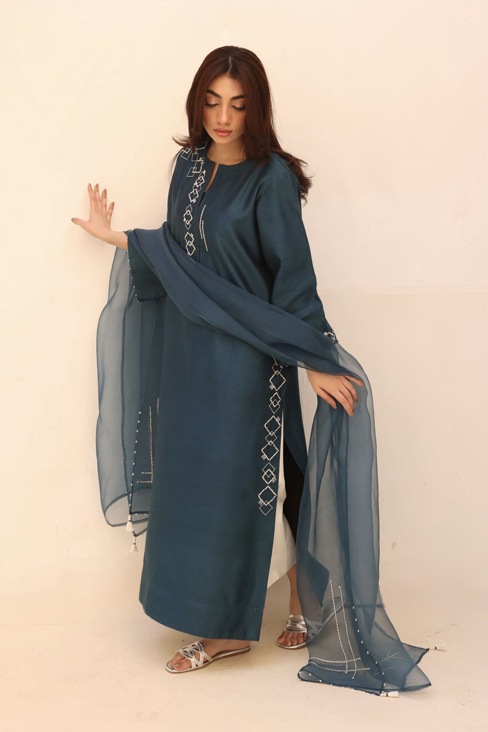 Teal Embroidered Kurta Set with Sheer Dupatta