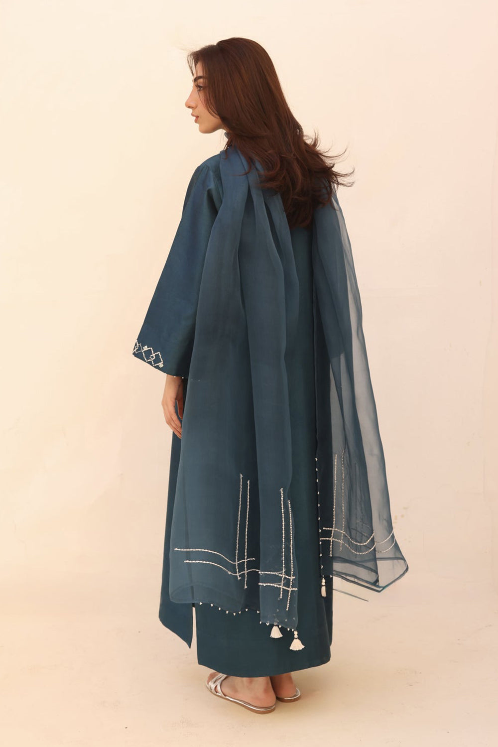 Teal Embroidered Kurta Set with Sheer Dupatta