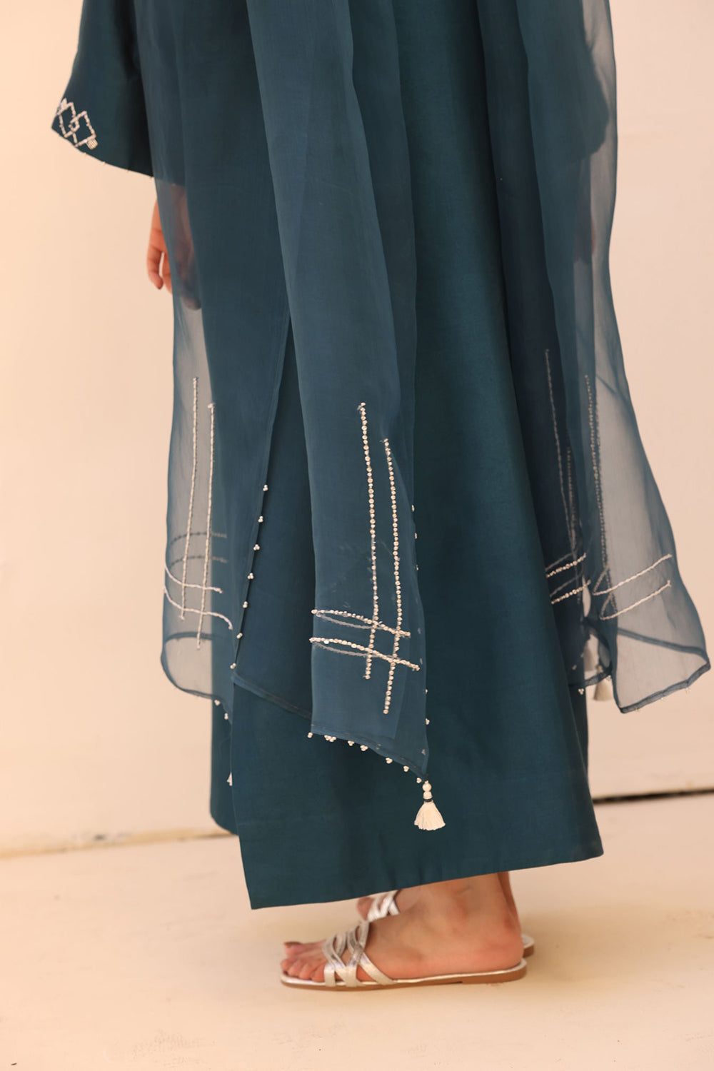 Teal Embroidered Kurta Set with Sheer Dupatta