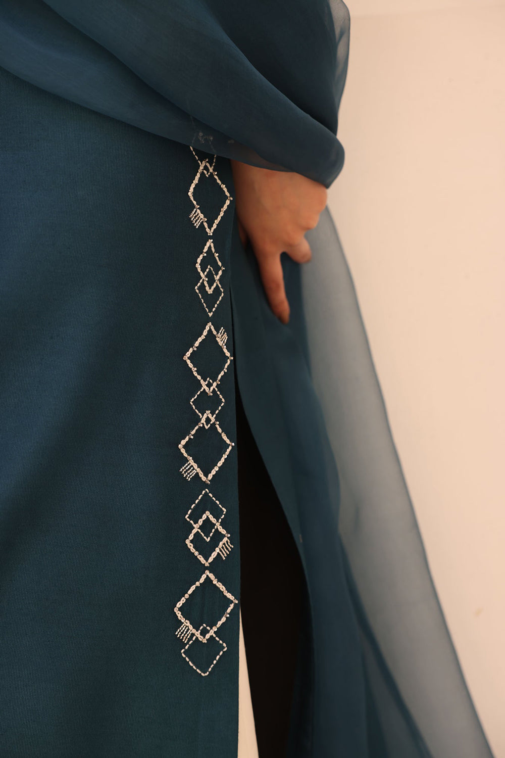 Teal Embroidered Kurta Set with Sheer Dupatta