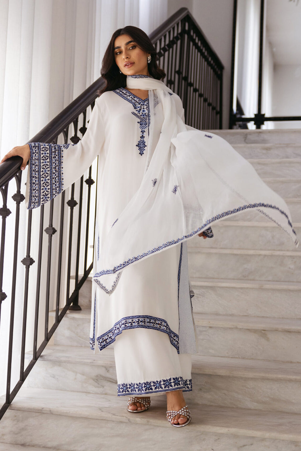 White Women Embroidered Kurta Pant Dupatta Set