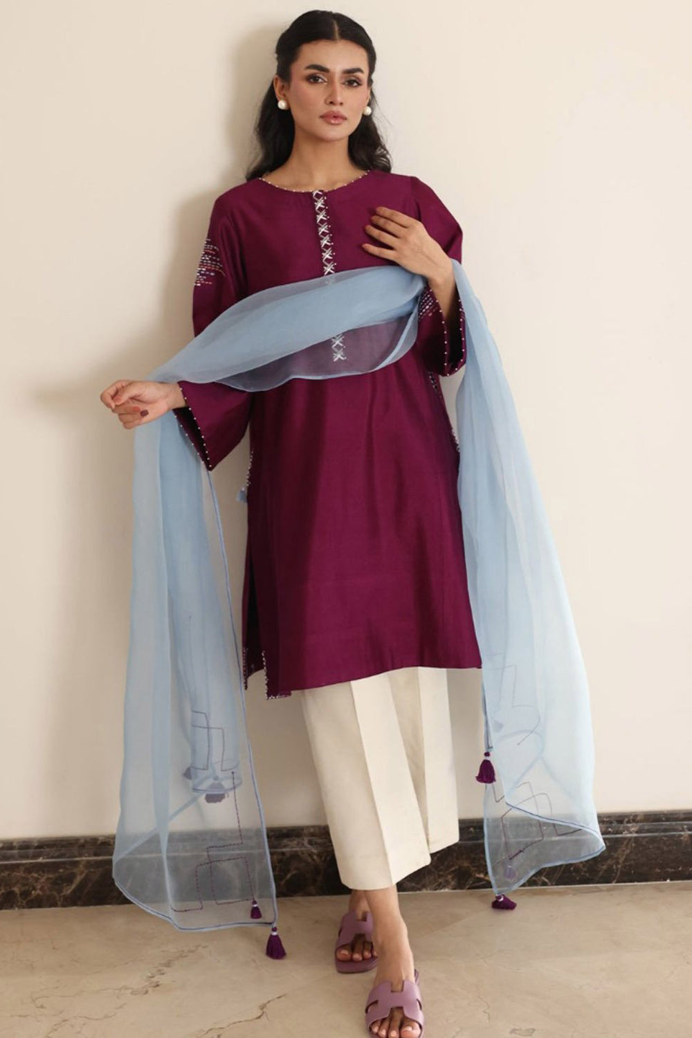 Wine Berry Kurta Set with Organza Dupatta
