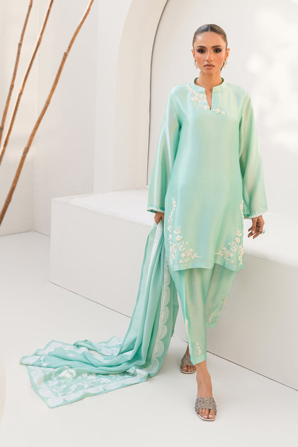 Women Aqua Blue Embroidered Silk Suit Set with Tulip Pants