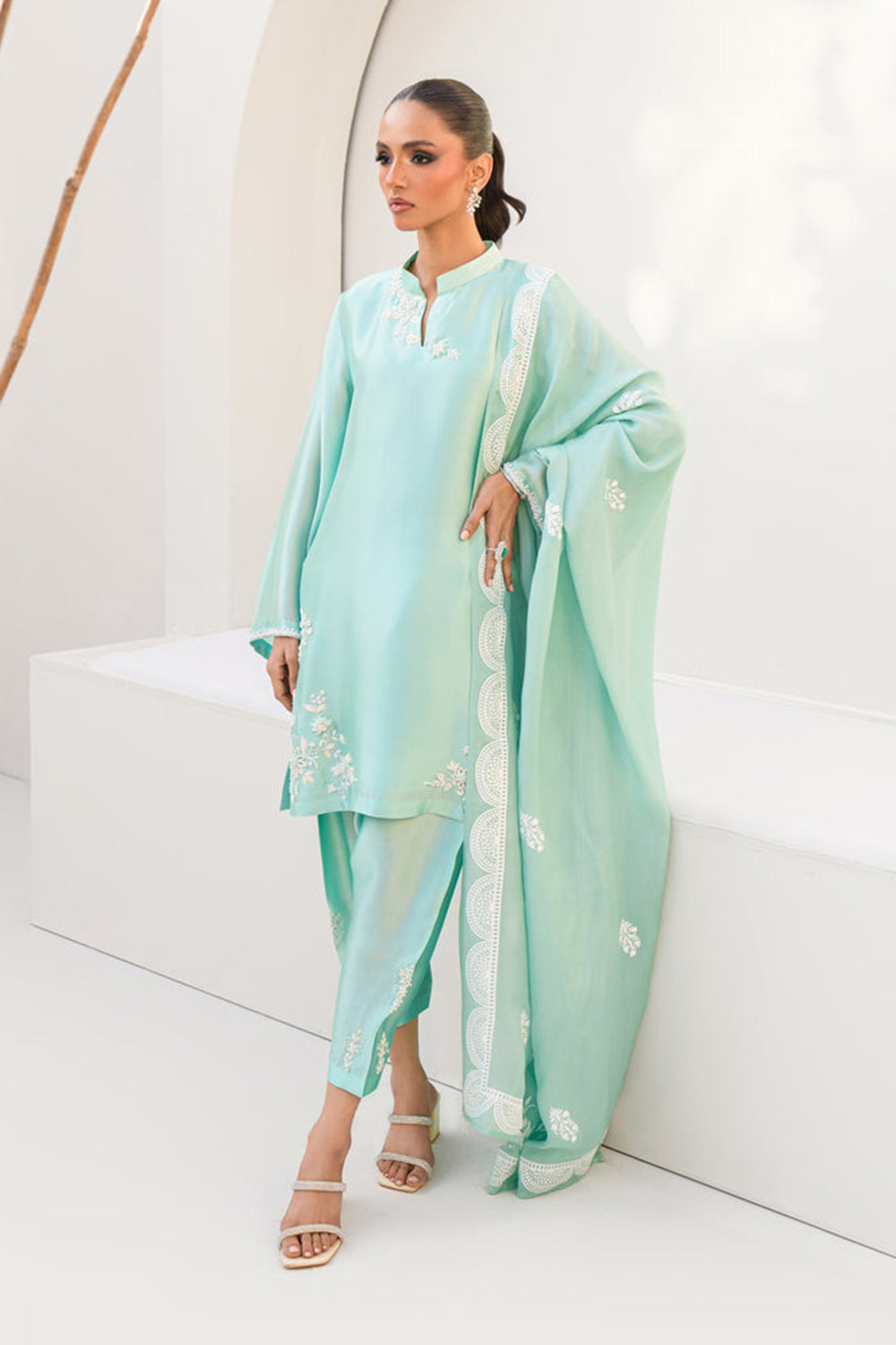 Women Aqua Blue Embroidered Silk Suit Set with Tulip Pants