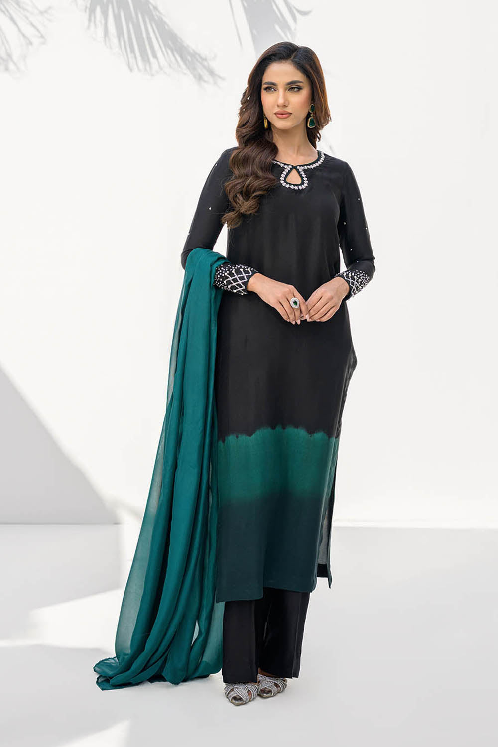 Women Black Green Shaded Embroidered Suit Set