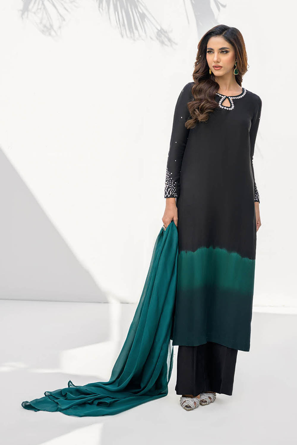 Women Black Green Shaded Embroidered Suit Set