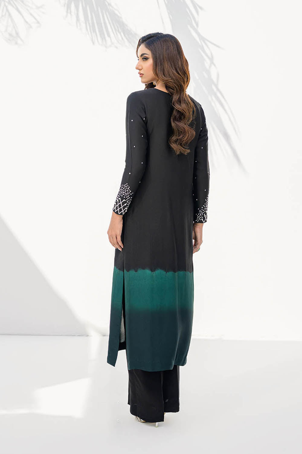 Women Black Green Shaded Embroidered Suit Set