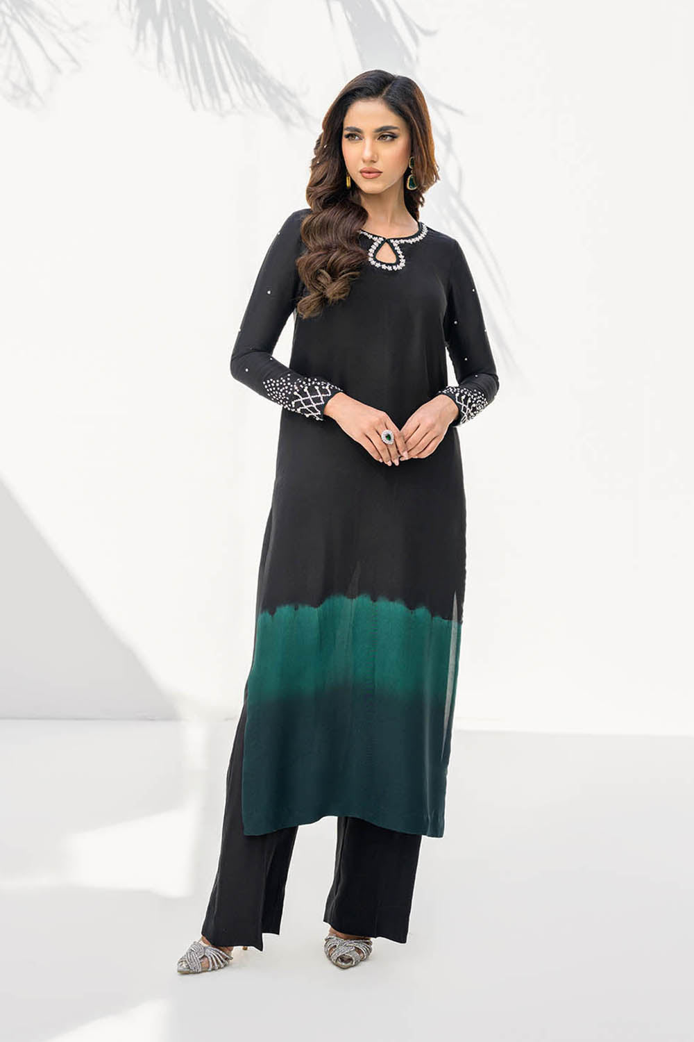 Women Black Green Shaded Embroidered Suit Set