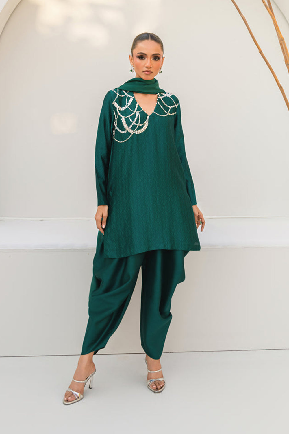 Women Emerald Green Embroidered Silk Suit Set with Tulip Pants