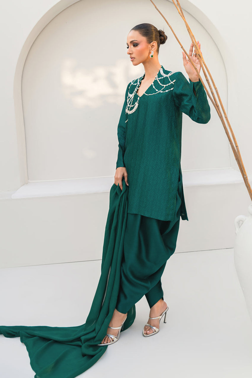 Women Emerald Green Embroidered Silk Suit Set with Tulip Pants