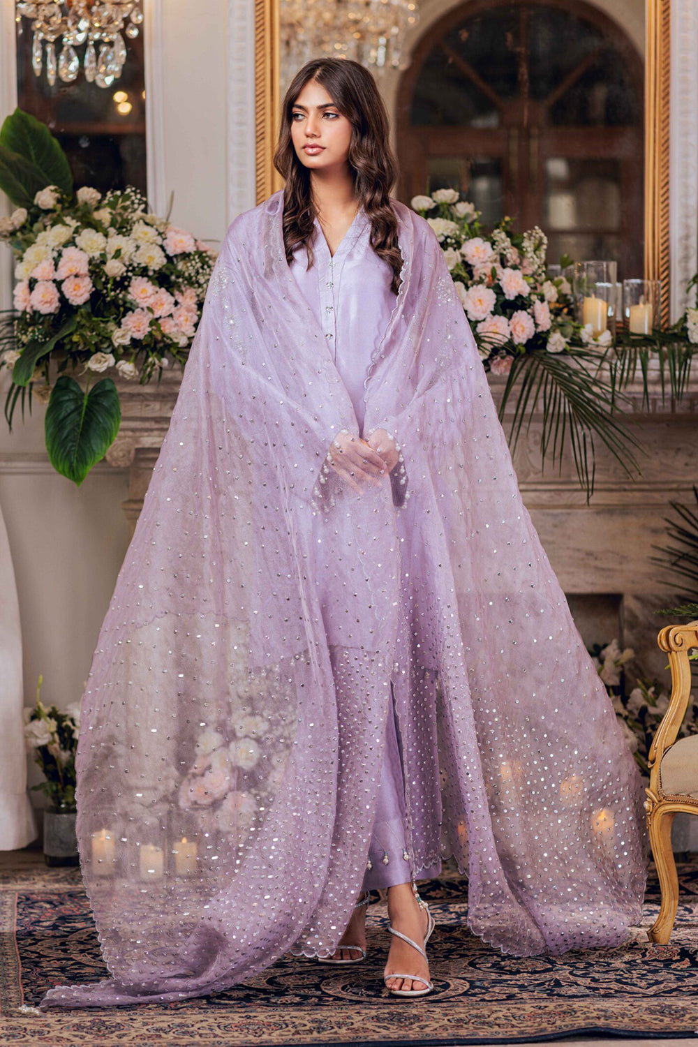 Women Lilac Embroidered Silk Suit Set with Organza Dupatta