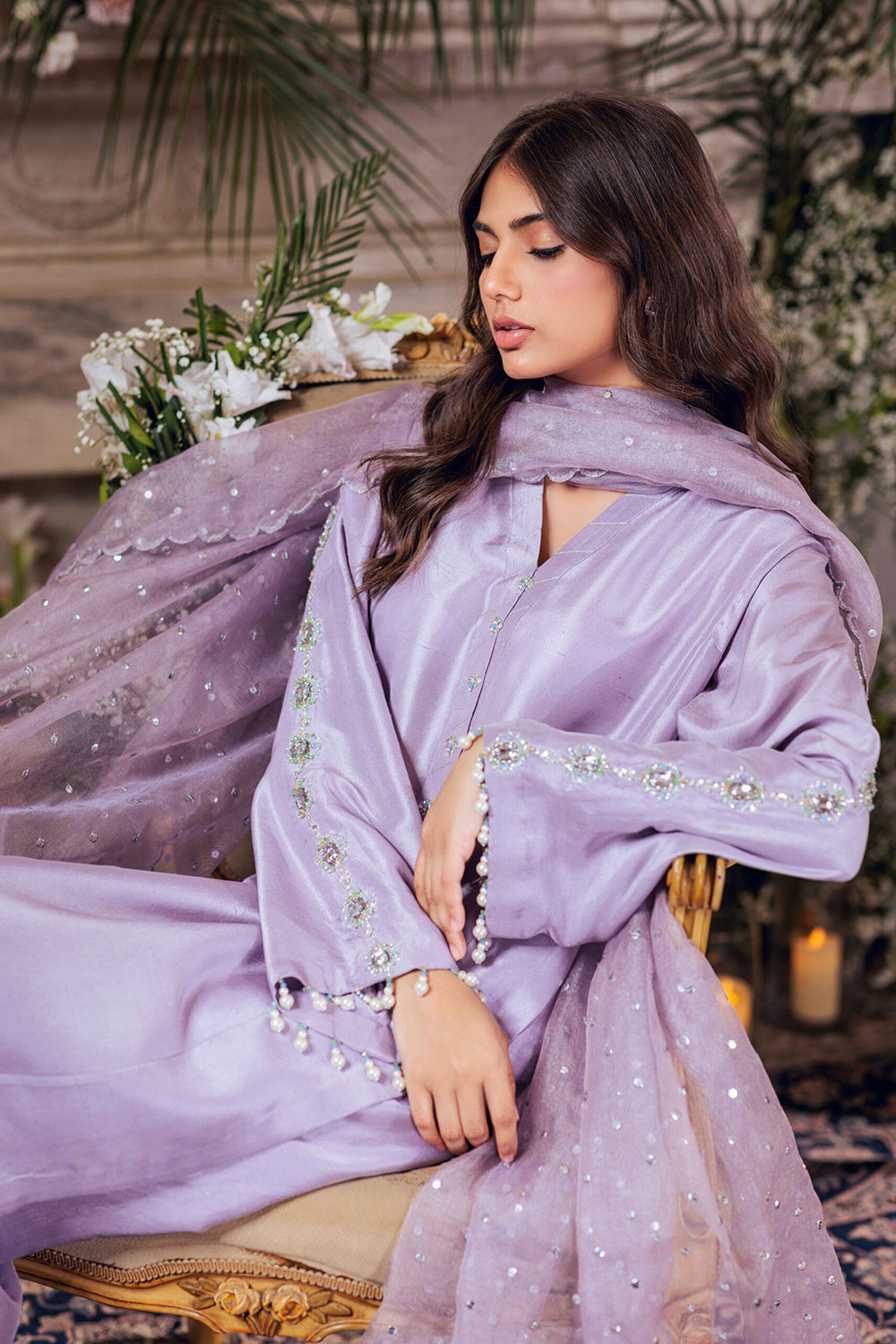 Women Lilac Embroidered Silk Suit Set with Organza Dupatta