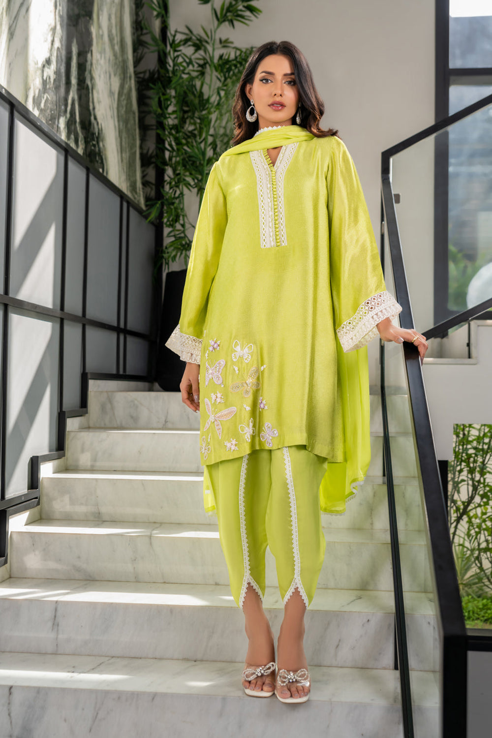 Women Lime Green Embroidered Silk Suit Set