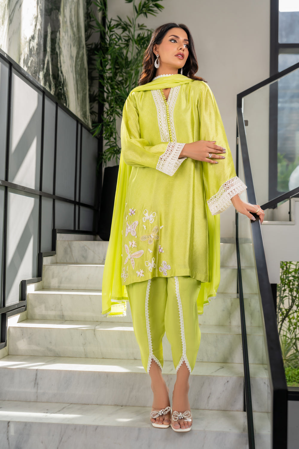 Women Lime Green Embroidered Silk Suit Set