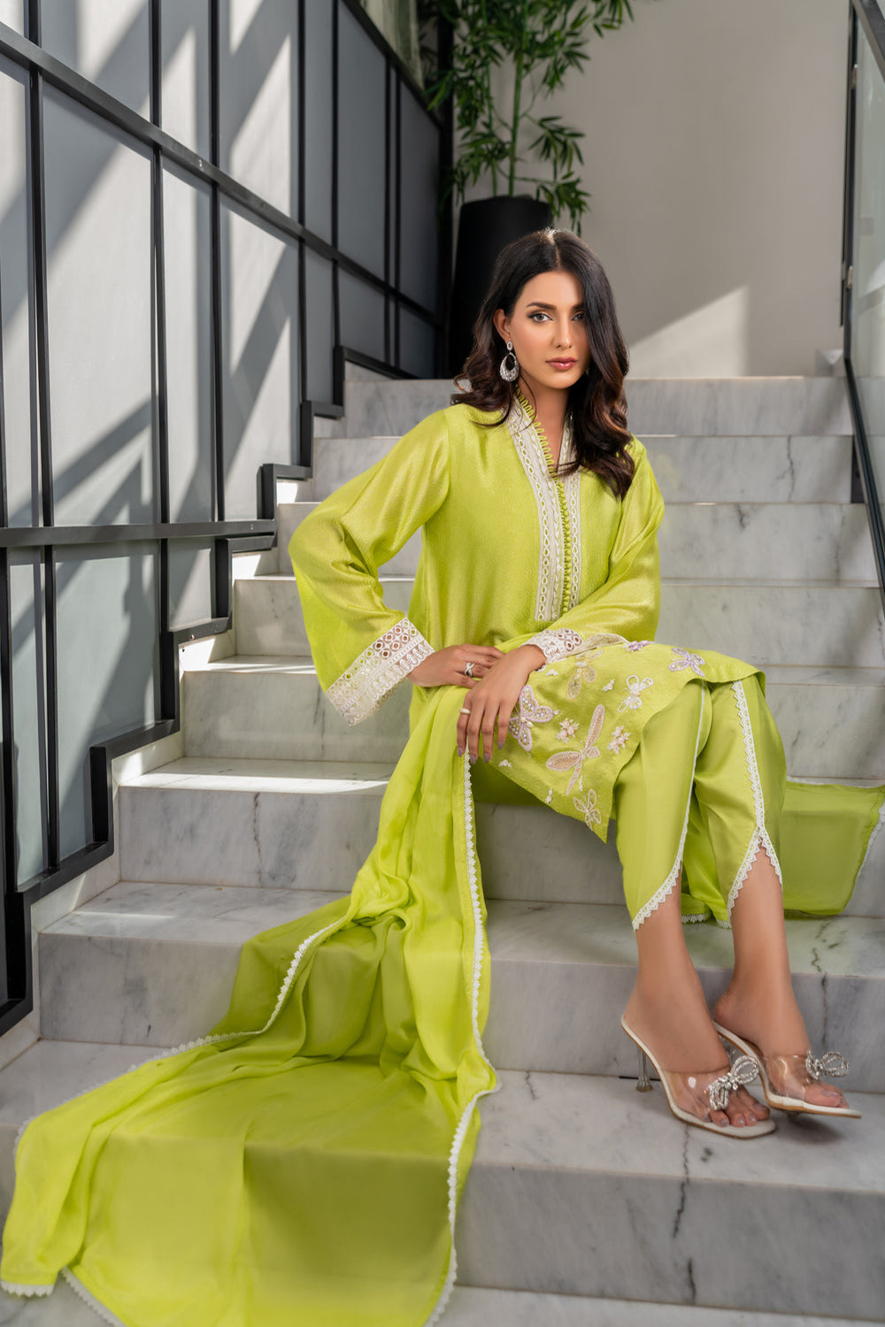 Women Lime Green Embroidered Silk Suit Set