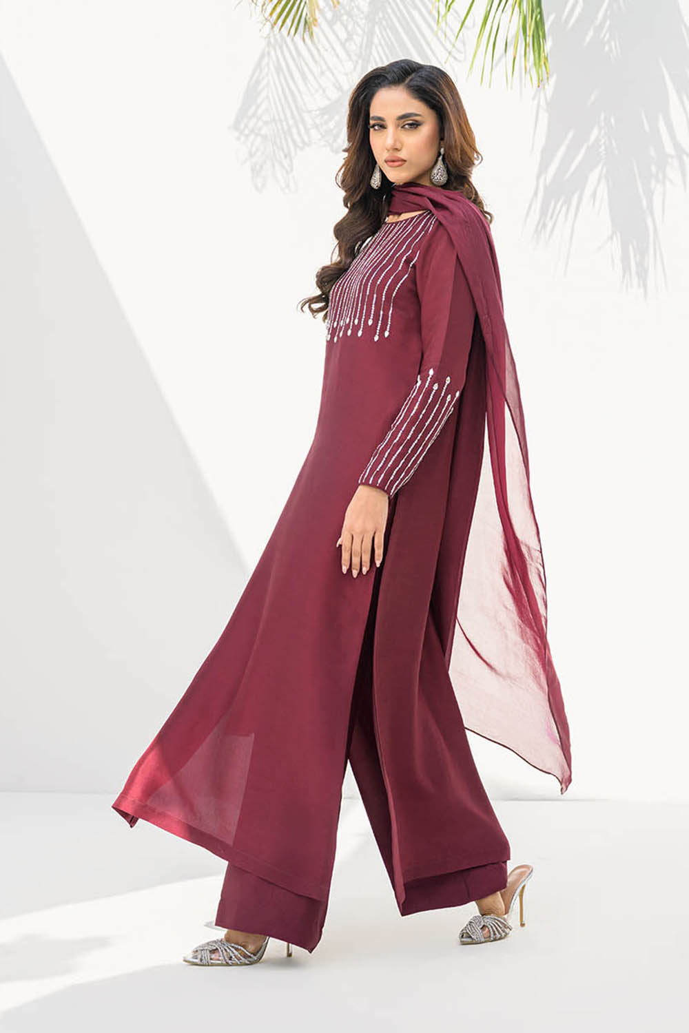 Women Maroon Glace Cotton Embroidered Suit Set