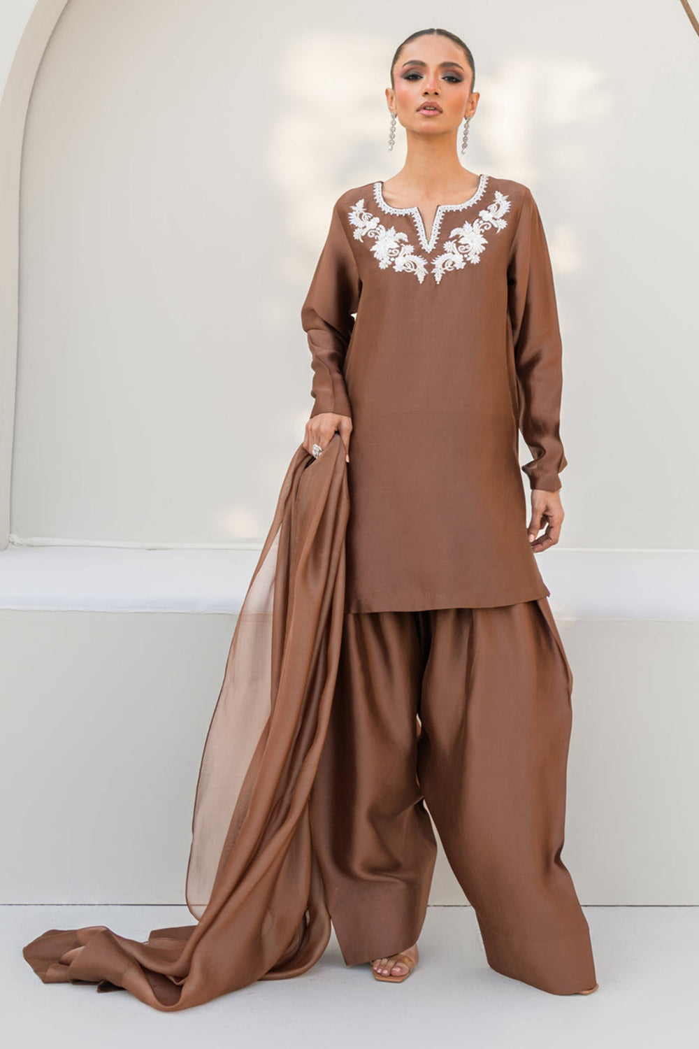 Women Mocha Brown Embroidered Silk Suit Set with Farshi Salwar