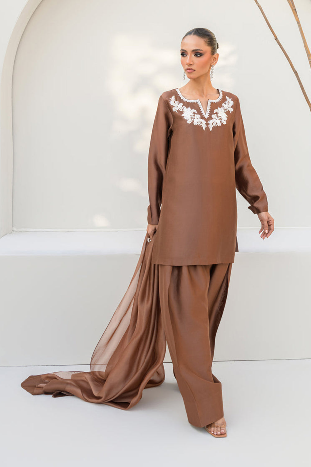 Women Mocha Brown Embroidered Silk Suit Set with Farshi Salwar